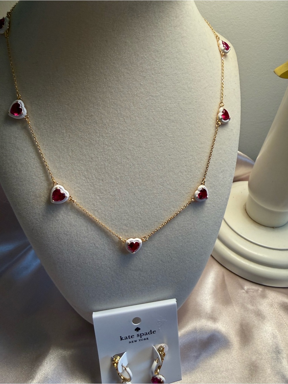 kate spade Gold Necklace & Earrings with Red Heart Charms and White Accents